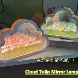 Frames Cloud Mirror Tulip Lamp DIY Night Light Girl Bedroom Ornaments Creative Po Frame Table Lamps Bedside Handmade Birthday 230701