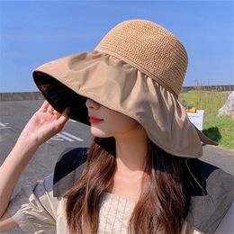 UV Protection Sun Caps for Women Summer Black Glue Big Brim Bucket Hats Girls Panama Sunscreen Beach Cap Solid Straw Hat UPF 50+