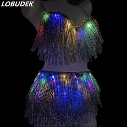 LED Lighting Dance Clothes Sexy Bar Rave Party Silver Tassels Fringes LED Bikini 2-Pieces Outfit Nightclub Singer Dancer Costume183Q