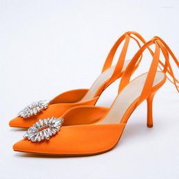 Sandals 2023 Orange Spring Ankle Strap Women Fashion Bling Crystal High Heels Gladiator Pumps Shoes Pointed Toe Slip On Mules