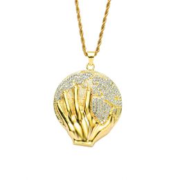 Hip Hop Rapper shiny diamond pendant gold necklace Hold the earth in hand pendant copper micro-inset zircon jewelry 50cm night club accessory Sweater chain 1392