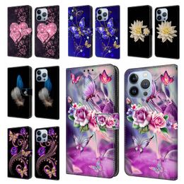 Capas carteira de couro PU para iPhone 15 14 Plus 13 12 11 Pro XS MAX XR X 8 7 6 Moda Borboleta Flor Coração Pena Floral Suporte para cartão de identificação Slot Flip Cover Book Kickstand Bolsa