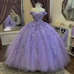 Lilac Lace Off Shoulder 3D Floral Applique Dress 2023 Plus Size Beading Sequin Vestidos De 15 Quinceanera Prom Gown 322