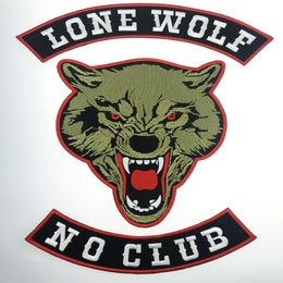 Fashion LONE WOLF LONE WOLF NO CLUB MC Motorcycle Biker Embroidered Patch Iron On Jacket Vest Rider Badge Large Size Patch Sh246M