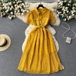 Casual Dresses New Fashion Openwork Lace-up Waist Slim Black Short-sleeved A-line Dress Women Lapel Solid Colour Elegant Clothes Vestidos 2023