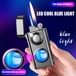 Creative Double Fire Windproof Metal Lighter Transparent Visible Gas Window LED Blue Light Two Way Jet Flame Man Gift MO7Y