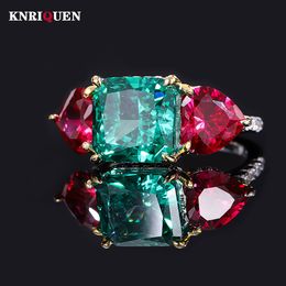 With Side Stones Retro 100% 925 Sterling Silver 10*10mm Green Tourmaline Ruby Lab Diamond Rings for Women Gemstone Wedding Party Fine Jewel Gift 230701