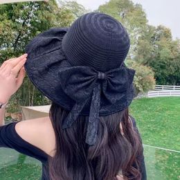 New French Lace Bow Big Brim Hat Female Sunscreen Hollow Fashion Sunshade Fisherman Cap Outdoor Travel Seaside Beach Bucket Hat