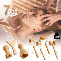 Face Care Devices 7Pcs set Massagers Gua Sha Tools Wood Therapy Meridian Massage Kit Roller Lifting Masajeador Maderoterapia Scraper 230701