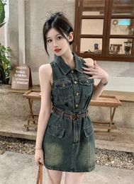 Casual Dresses Summer Demin Dress Fashion jeans Sleeveless Short Elegant Slim Button Bodycon Mini Blouse One Piece Skirts Party Mid Coats