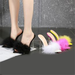 Summer 748 Sandals Sexy Feather Woman Transparent Perspex High Heels Fur Stiletto Peep Toe Mules Lady Slides Shoes Rose