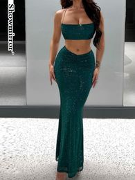 Two Piece Dress Vintage Halter Sexy Backless Sets Ruched 2 Shiny Glitter Dresses Elegant Bandage Bodycon Club Party clothes 230630