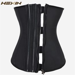 HEXIN Triple Zipper And Clip Latex Waist Trainer Black Zip and Clip Waist Trainer Corset Steel Boned Body Shaper Plus Size 6XL Y20240y