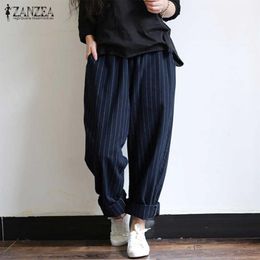 ZANZEA 5XL Autumn Striped Pants Women Casual Baggy Pant Turnip Long Pantalon Palazzo Lady Elastic Waist Harem Pants Plus Size T200252D