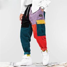 2019 Hip Hip Pants Vintage Color Block Patchwork Corduroy Cargo Harem Pant Streetwear Harajuku Jogger Sweatpant Cotton Trousers1501