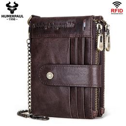 RFID Men Wallets Slim Leather Bifold Hasp Vintage Short Male Purse Coin Pouch Multi-functional Cards Wallet Designer Chain Bag