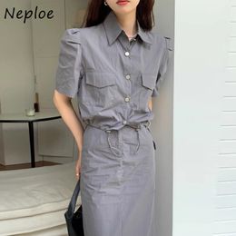 Two Piece Dress Neploe French Fashion Set Women Summer Simple Temperament Bubble Sleeve Work Shirt High Waisted Slim Straight Skirt Suit 230630