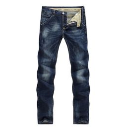 Whole- 2017 Fashion Men's Jeans Classic Stretch Dark Blue Business Casual Pants Tapered Slim Fit Scratched Long Trousers 292T