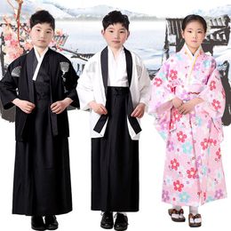 New Black Japanese Boys Kimono Child Warrior Traditional Swordmen Yukata Kid Stage Performance Clothing Cosplay Costume254F