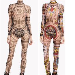 Stage Wear Plus Size Women Tribal Tattoo Print Mesh Jumpsuit Romper Curvy African Aztec Bodysuit Celebrity Catsuit Tracksuit291Y