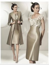 Mothers Dresses Elegant Sheath Lace Satin Mother Of The Bride Dress Knee-Length Prom party Dress With Jacket Wedding Guest Dress