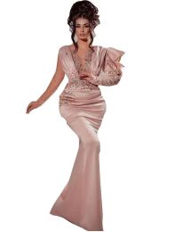 Sexy Mermaid Pink Evening Dresses Arabic Long Sleeves Illusion Crystal Beads Floor Length Party Prom Gowns Special Occasion Dress