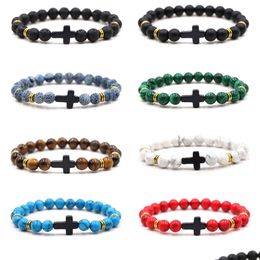 Beaded Cross Charms 8Mm Colours Stone Strand Bead Yoga Buddha Bracelet For Women Men Jewellery Drop Delivery Bracelets Dhp2K