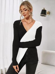 Women's Sweaters Women All Season V Neck Fashion Long Sleeve Two Tone Wrap Crossover Pull Sweater Femme Knit Pullovers Y2k Jersey Top