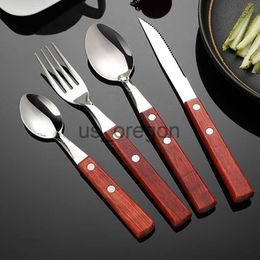Dinnerware Sets Wood Handle Dinnerware Set Stainless Steel Knife Fork Spoon Teaspoon with Rivet Flatware Cutlery Set Tableware Utensils for Kitc x0703