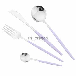 Dinnerware Sets JANKNG New Light Purple Handle Knife Fork Spoon Cutlery Stainless Steel Tableware Dinnerware Silverware Western Flatware Kitchen x0703