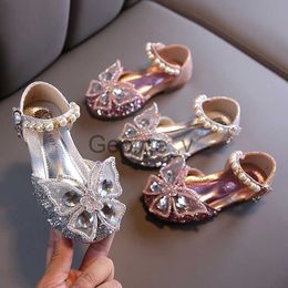 Sandals Girls Sequin Lace Bow Kids Shoes Girls Cute Pearl Princess Dance Single Casual Shoe 2023 New Children's Party Wedding Shoes D721 J230703