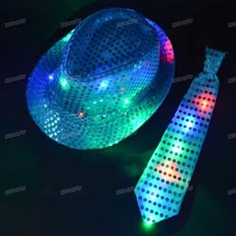 Fashion Kids Adult LED Light Up Tie Sequin Jazz Fedora Hat Flashing Neon Party Gifts Costume Cap Birthday Wedding Carnival JY03