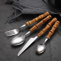 Dinnerware Sets New Creative Bamboo Handle Tableware Set Stainless Steel Steak Flatware Cutlery Set Includes Spoon Forks Knives x0703