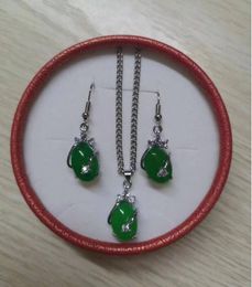 Crystal Oval green Malay jade 925 silver pendant necklace earrings set 2 piece jewelry set