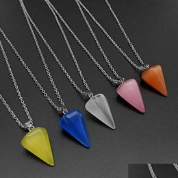 Pendant Necklaces Cone Cats Eye Opal Crystal Pendum Necklace Chakra Healing Jewelry For Women Men Drop Delivery Pendants Dhp1J