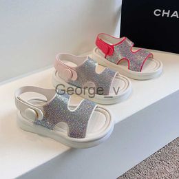 Sandals Girls Sandals 2023 Kids New Rhinestones Hook Loop Versatile Shine Princess Shoes Children Casual Shoes Summer Flats Korean PU J230703