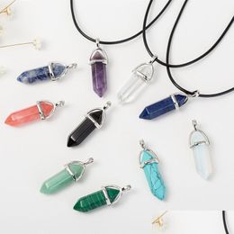 Pendant Necklaces Real Gem Pink Purple Crystal Hexagonal Reiki Point Chakra Natural Stone Necklace Women Jewelry Drop Delivery Pendan Dhsmn