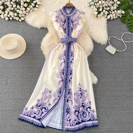 High end light luxury and elegant temperament flying sleeves stand up collar waist up single breasted dress A-line printed long skirt