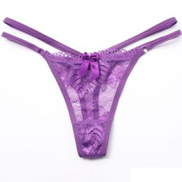 Women'S Panties Young Girls Lovely Thongs T Bikini Lace Low Waist Bow G-Strings Hollow Spaghetti Underwear V Girl Intimate Panty 8Co Dhjle