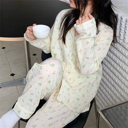 Women's Sleepwear Pure Cotton Korean Sweet Girl Print Floral Cute Long Sleeve Pajamas Lapel Button Shirt Pants Suit Loungewear Autumn D611
