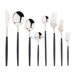 Dinnerware Sets Mirror Black Handle Dinnerware Set Silver Knife Fork Dessert Spoon Cutlery Set Stainless Steel Silverware Dinner Flatware x0703
