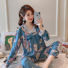 Women's Sleepwear Blue 2PCS Lace Trim Pajamas Suit Ladies Flower Print Spring Summer V-Neck Top&Pant Home Clothes Loose Nightwear