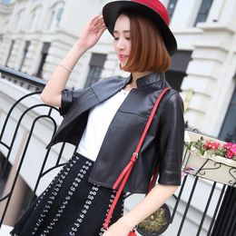 Women's Leather 2023 Autumn Women Half Sleeve Short Sheepskin Jacket Fashion Office Ladies Stand Collar Slim Fit Genuine Jacke