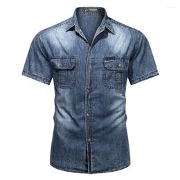 Men's Casual Shirts 2023 Summer Denim Shirt Men Short Sleeve Cotton Outdoor Cargo High Quality Streetwear Blouses Cowboy For Blue