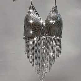 Stage Wear Super Heavy Industry Fashion Sexy Metal Aluminium Shining Piece Bra Blouse Night Pole Dance Fringe Costume