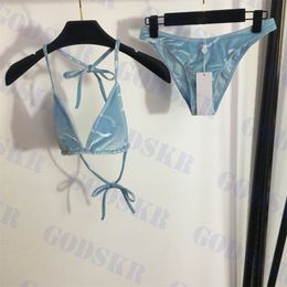 Designer Womens Bikini Sky Blue Velvet Swimwear Letter Jacquard Underwear Summer Outdoor Split Swimsuit