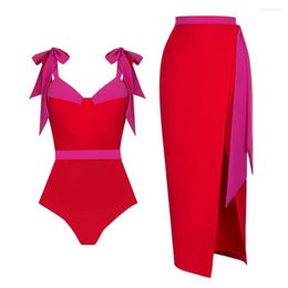 Women's Swimwear Bow Suspenders Color Block Print One-Piece Swimsuit Fashion Halter Bikini Chic Split Hip Skirt Sexy 2023