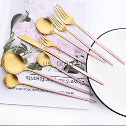 Dinnerware Sets Matte Pink Gold Dinnerware Set Stainless Steel Tableware Knife Silverware Fork Spoon Flatware Set Dishwasher Safe Cutlery Set x0703