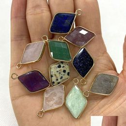 Encantos 15x25mm Pedra de Cristal Natural Rhombus Verde Azul Rosa Quartzo Pingentes Borda de Ouro Na Moda Para Colar Brincos Jóias Fazendo D Dhmqi