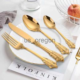 Dinnerware Sets 1 Piece 304 Stainless Steel Retro Knife Fork Spoon Set Embossed Highend Western Food Knives and Forks Kitchen Accessories x0703